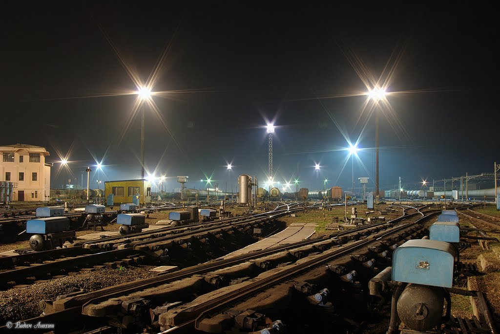 Souths hump yard of Bataysk train station at night
