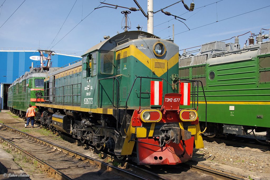 Diesel shunter TEM2-1577 near the depot of train station Salsk