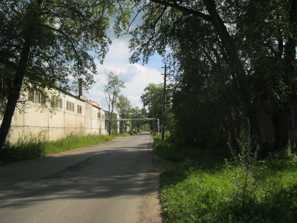 Лен. обл., Гатчинский р-н, пос. Дружная Горка. Одно из промышленно-складских зданий и шоссе в сторону памятника В.И. Ленину