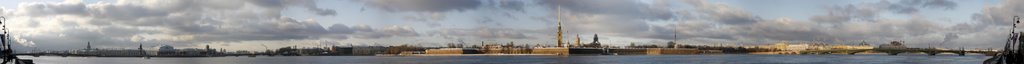 The Peter and Paul Fortress. Panoramic view (180°) from The Palace Quay. — Большая (180°) панорама Петропавловской крепости с Дворцовой набережной.