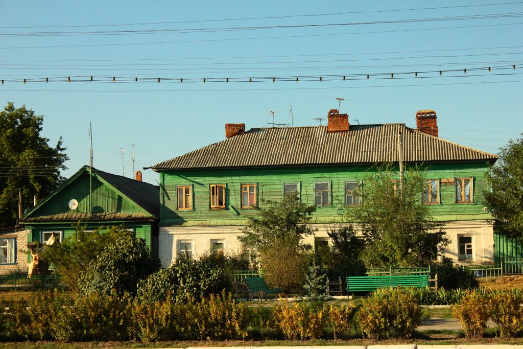 les maisons verts et le banc vert