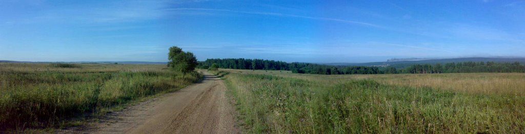 Дорога на Бездонное озеро.На горизонте справа п.Висим.