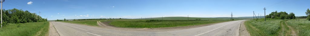 Панорама. Южный выезд из села Курсавки (сзади лесополоса справа Воровсколесские горы)