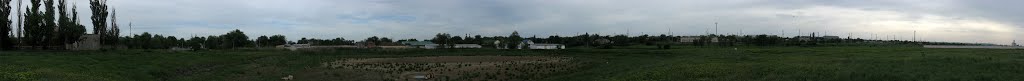 Панорама. Высохший центральный пруд. Слева направо - руины летнего кинотеатра и танцплощадки - рынок - ЖДВ - поликлиника - стадион - элеватор