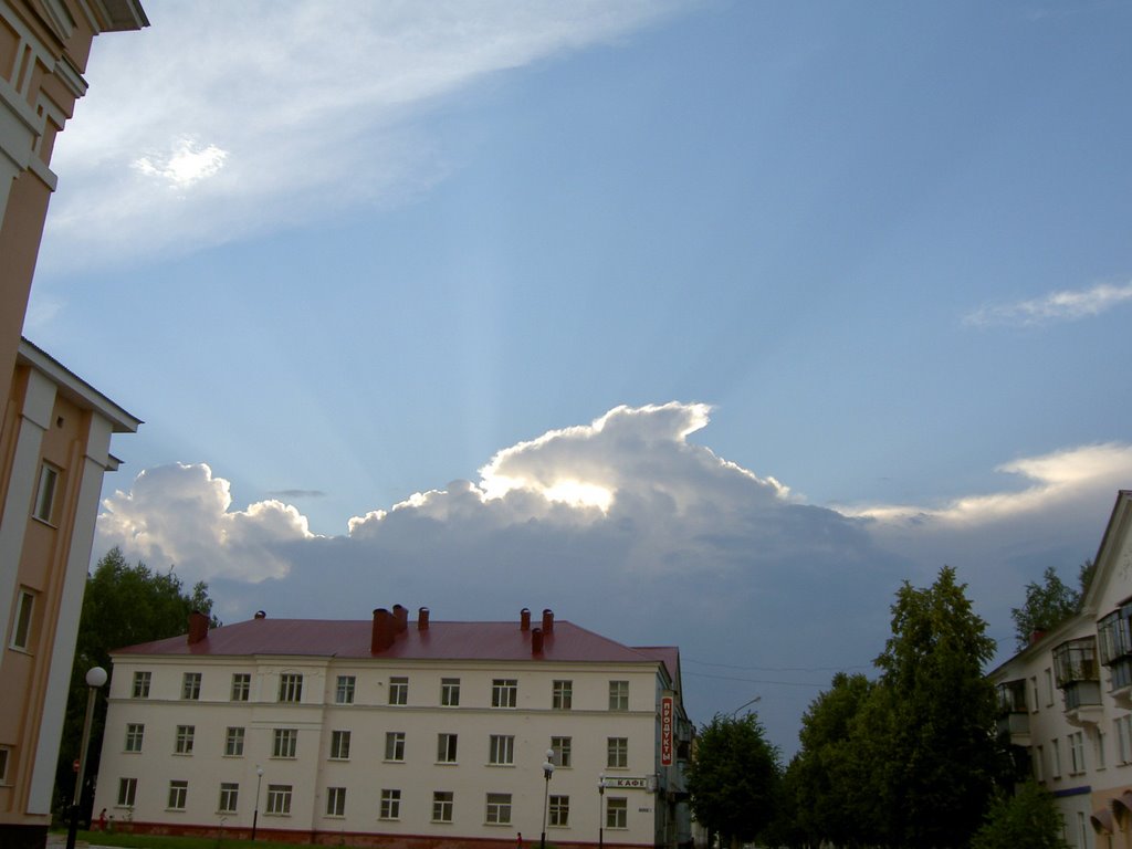 The centre of Bavly before summer thunderstorm