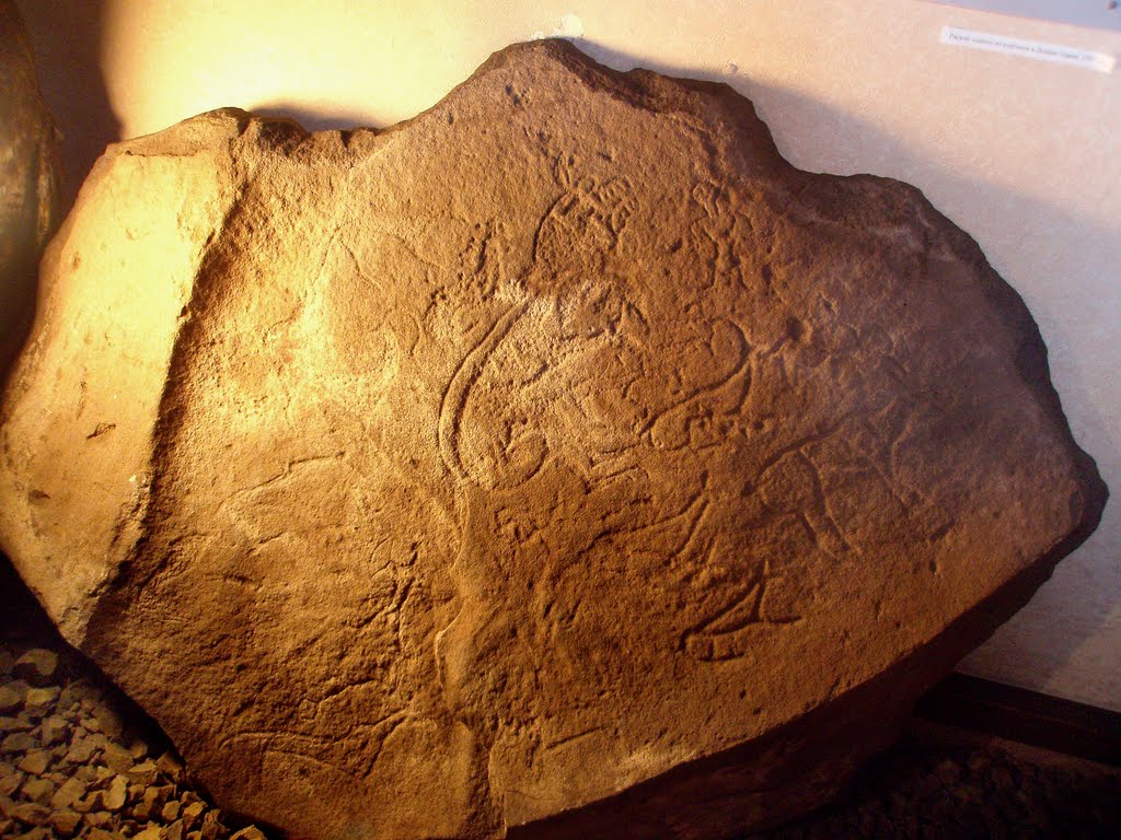 Stone with petroglyphs from the Scythian kurgan burials Arzhan-2 in museum of local lore of Turan
