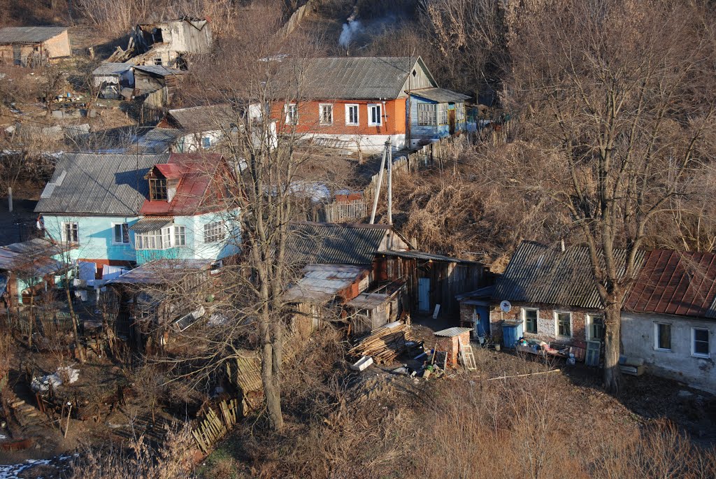 Вид на остатки старинной застройки за речкой Белёвкой.