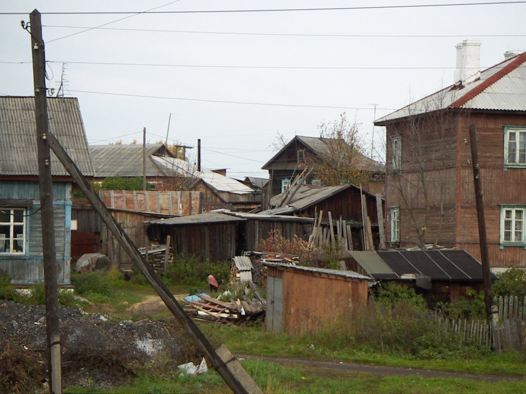 Balezino, old woman and logs