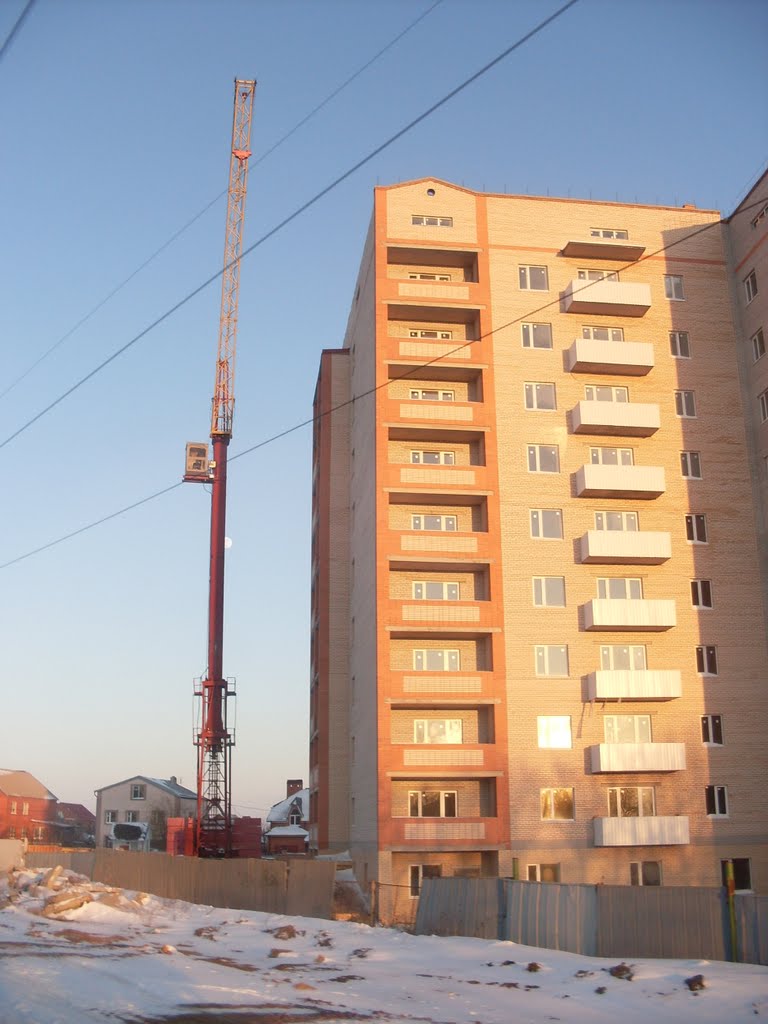 Новостройка и подъёмный кран на исходе дня 28/01/2010.