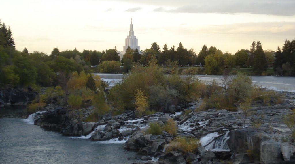 The Idaho Falls Temple over the Snake River