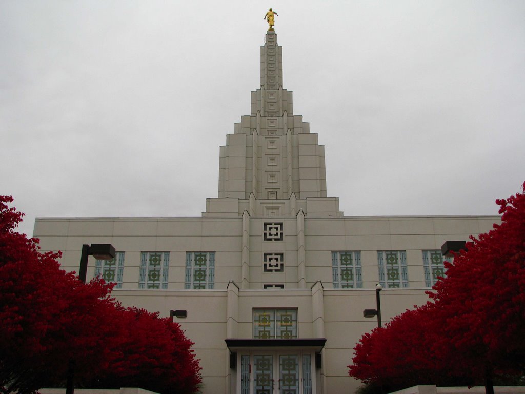 Idaho Falls Temple and Bright Red Leaves