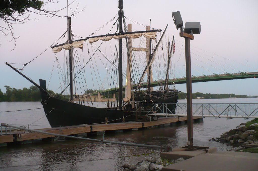 Sailing Replicas at dock with Great River Bridge in background