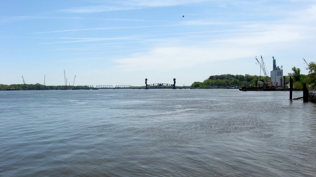From a distance, the Burlington Rail Bridge with its new vertical lift section.