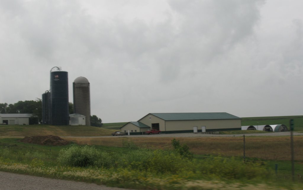 Silos and green-roofed barn
