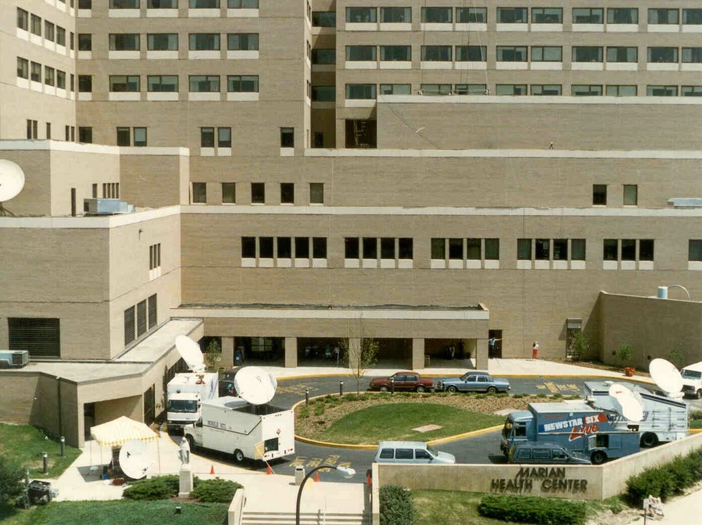 Satellite news setup in front of the Marian Health Center