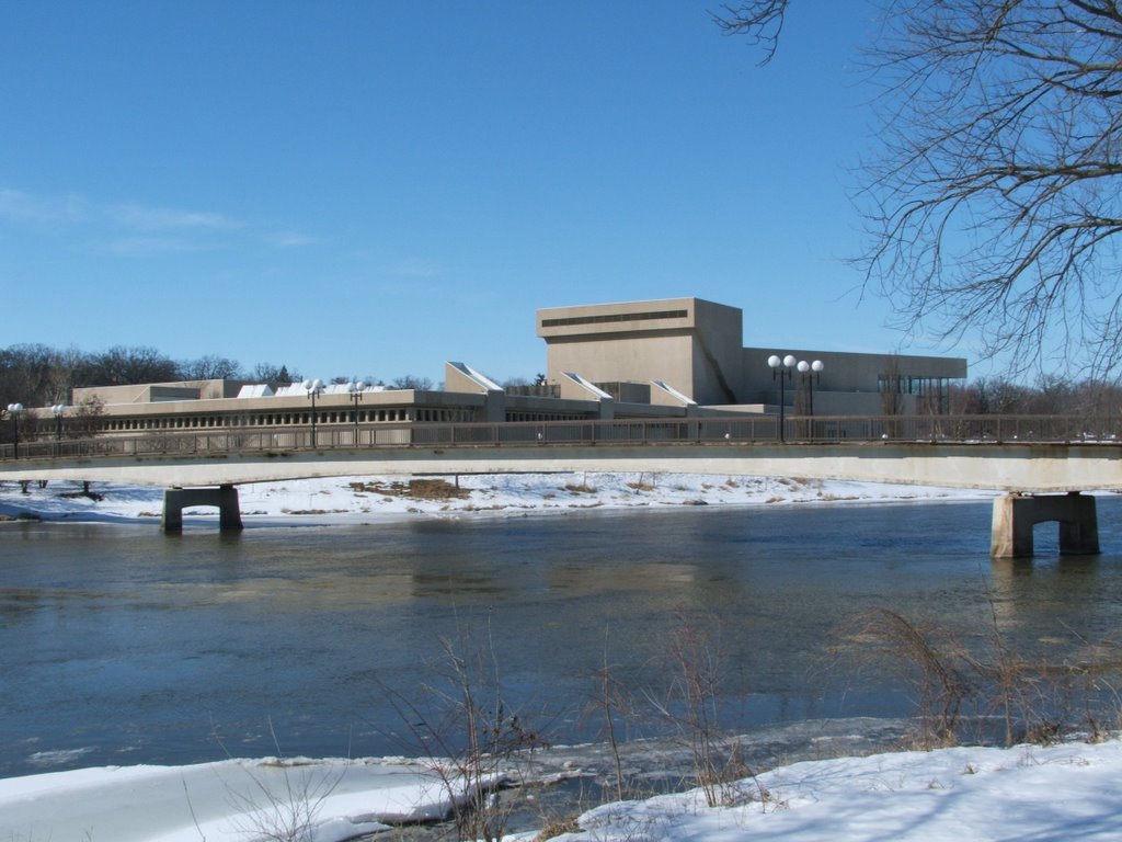 Voxman Music Building behind Pedestrian Bridge over Iowa River in Winter 2008, Iowa City, IA