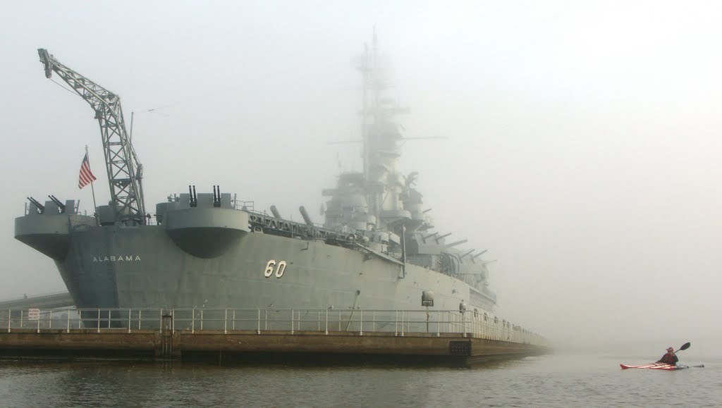 Museum ship - USS Alabama in the fog, Flagship Kayak Team