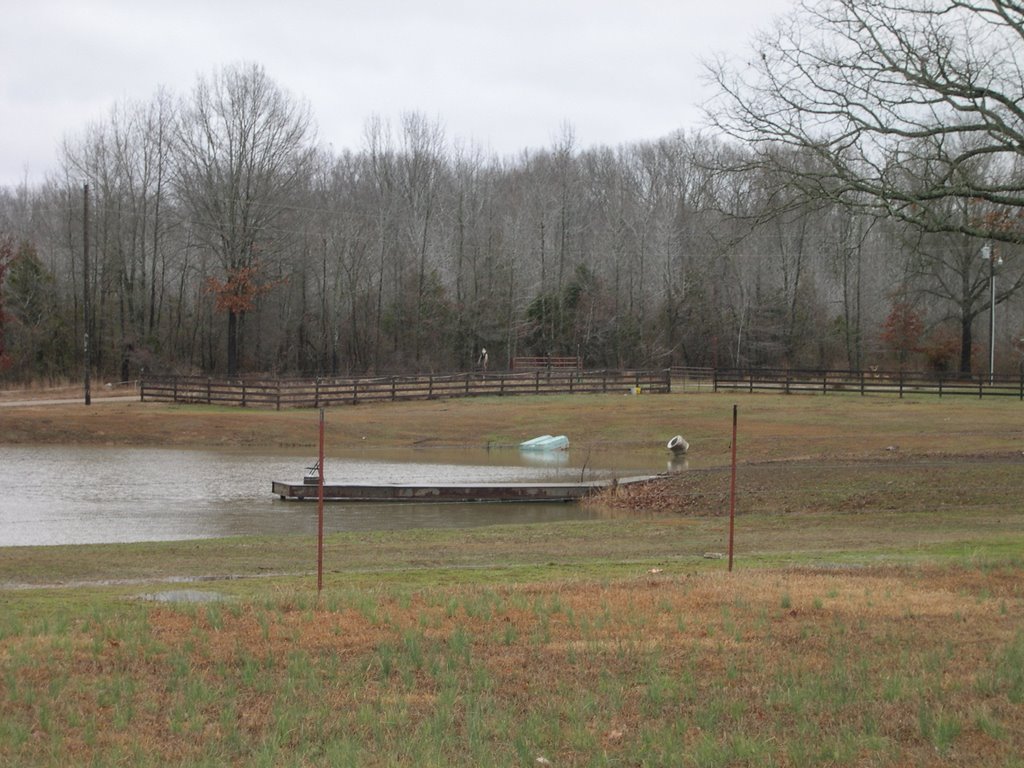 Scarecrow over lake  in Austin, AR - near Highway 5 and Herrera ranch house