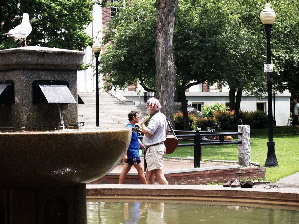 Hippie on the loose! American Flag bandana, no shoes, guitar, and a pile of shrooms on the side of the fountain!