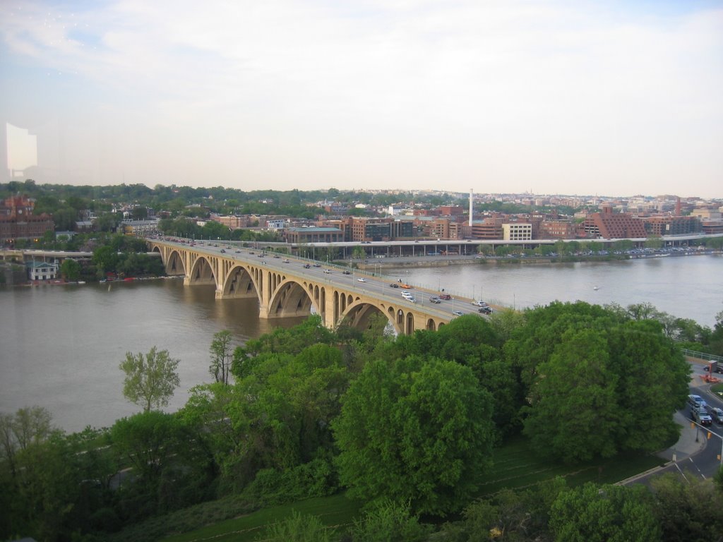 A view of Georgetown, Key Bridge, and the Potomac River from the top floor bar at Rosslyn Marriot