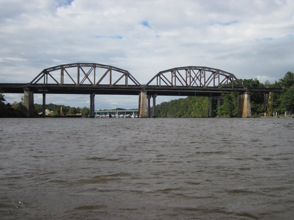 a shot of the train bridge from downriver