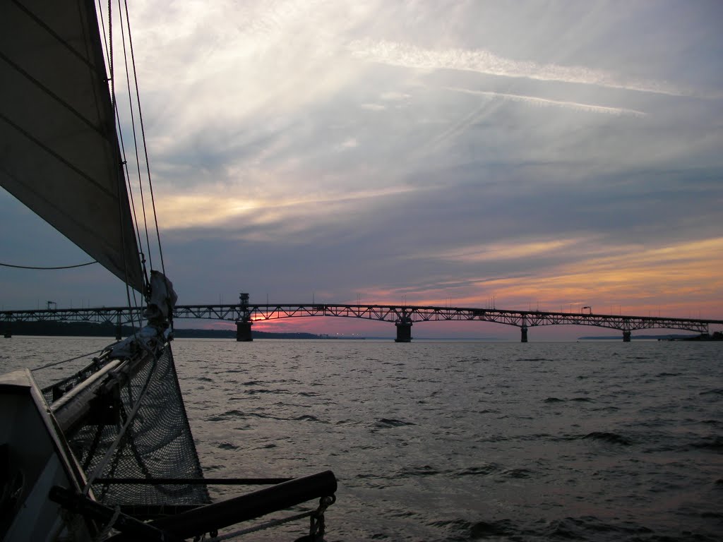 VIRGINIA: YORKTOWN: sunset beyond the George Preston Coleman Memorial Bridge in 2009, from aboard the three-masted schooner Alliance in the York River