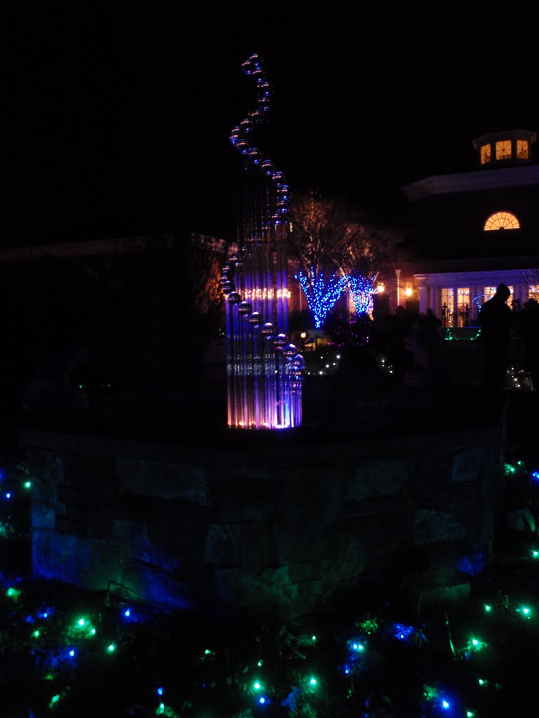 Hans Fräbels lovely glass tower sculpture, a series of spheres as a spiral helix ascending into the night, illuminated for the holidays as part of the GardenFest of Lights at Lewis Ginter Botanical Garden, 1-9-11