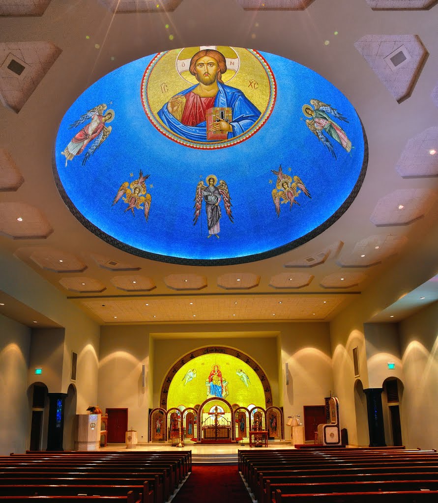 VIRGINIA: NEWPORT NEWS: Saints Constantine and Helen Greek Orthodox Church, 60 Traverse Road interior looking toward the apse panorama