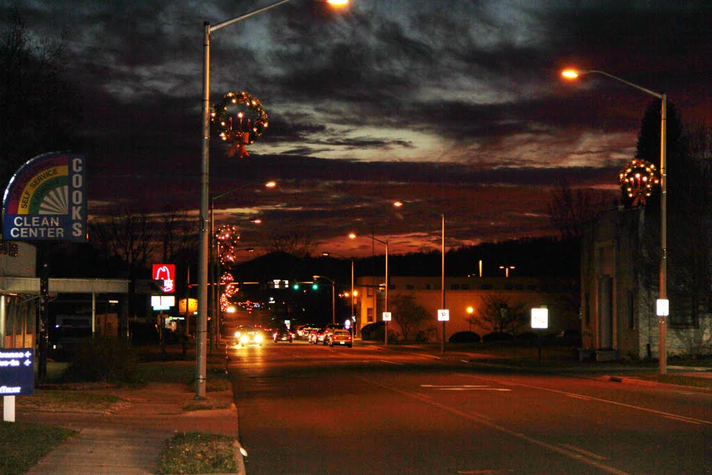 Looking SW down W Main St at sunset