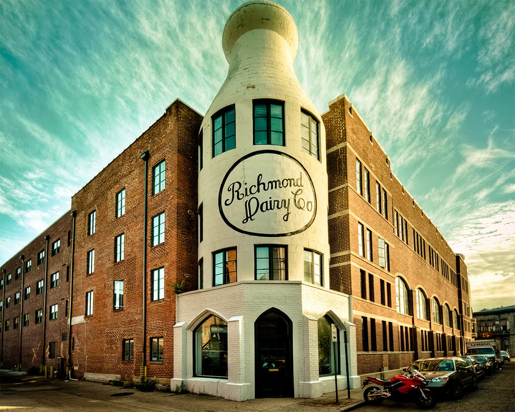 Richmond Dairy Co - Built in 1913 the dairy building now serves as apartments located downtown Richmond Virginia. Its whimsical architecture makes it a popular landmark in a district known for its many art galleries.