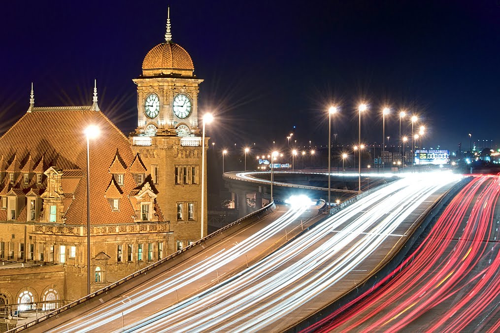 Main Street Station and I95  Anyone who has driven the eastern US on Interstate 95 would most likely remember seeing this Richmond Virginia landmark. The clock tower of the old Main Street Station rising above the elevated I-95 James River bridge.