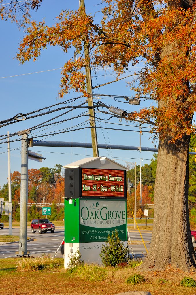 VIRGINIA: CITY OF CHESAPEAKE: Oak Grove United Methodist Church, 472 N Battlefield Boulevard road sign