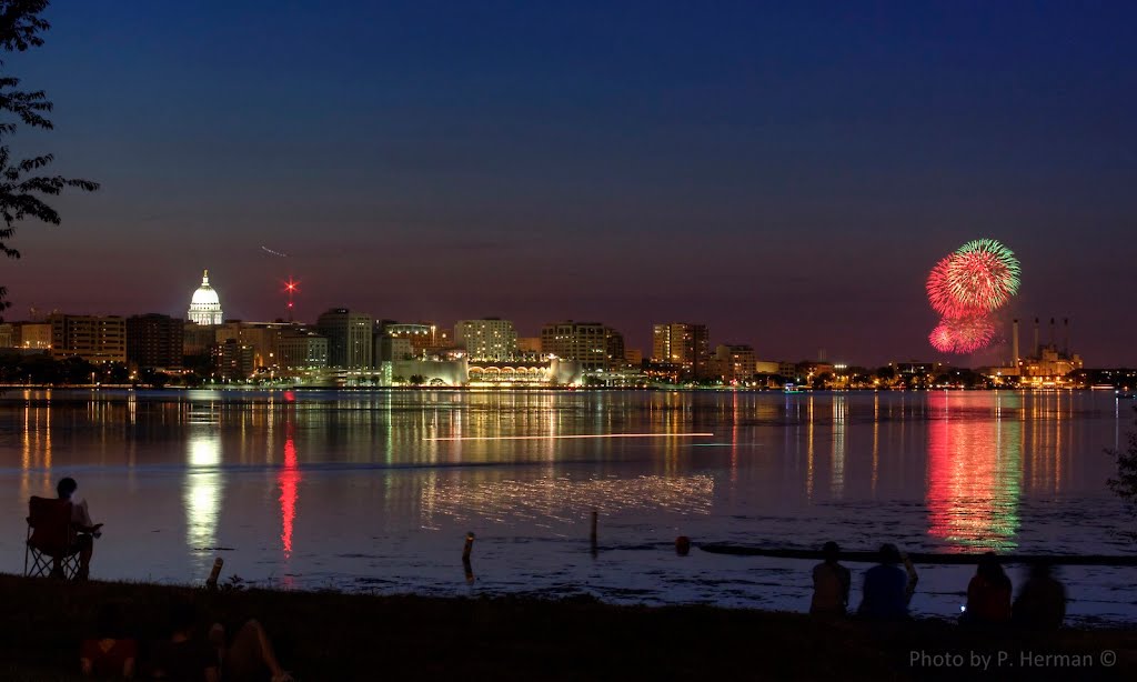 Rhythm & Booms (Fireworks show) and Madison Skyline viewed from Olin Park across Lake Monona