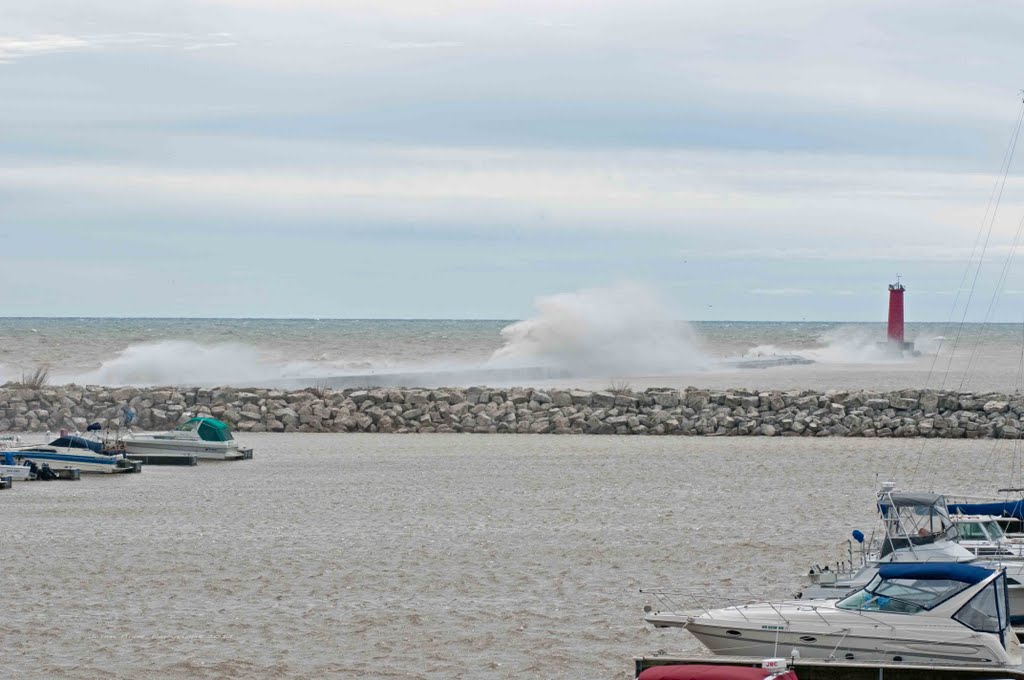 Waves crashing over the breakwater in Sheboygan, WI
