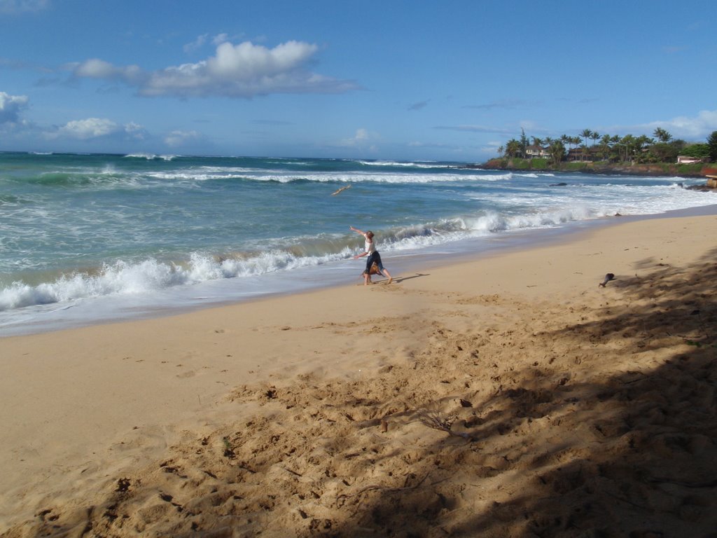 Anni on Paia Bay with Stella the dog