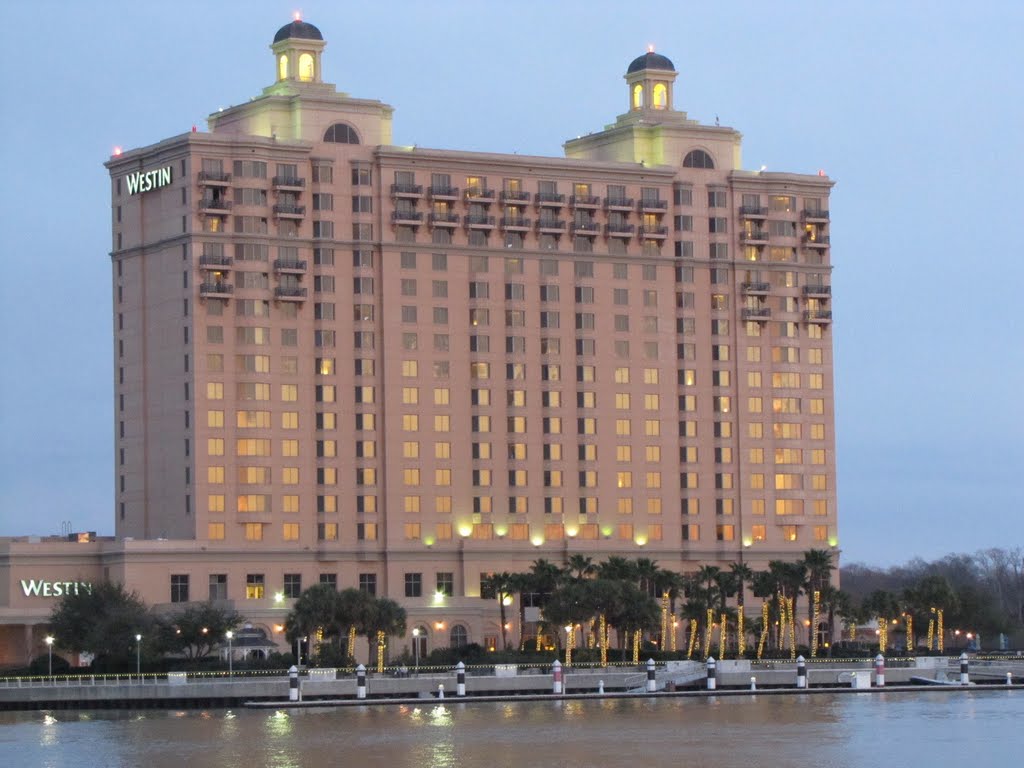 a View of the beautiful Westin Hotel on Hutchinson Island from River Street,  --Savannah, Georgia