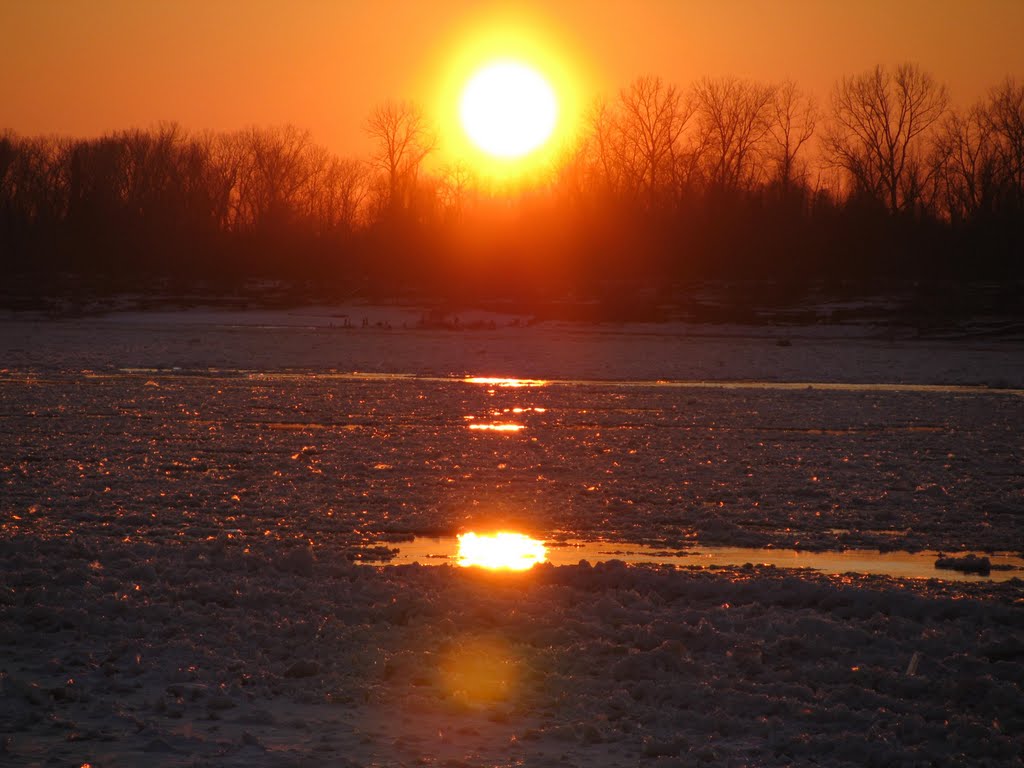 Sunset over the Frozen Mississippi Where Lewis and Clark Wintered in 1803-1804