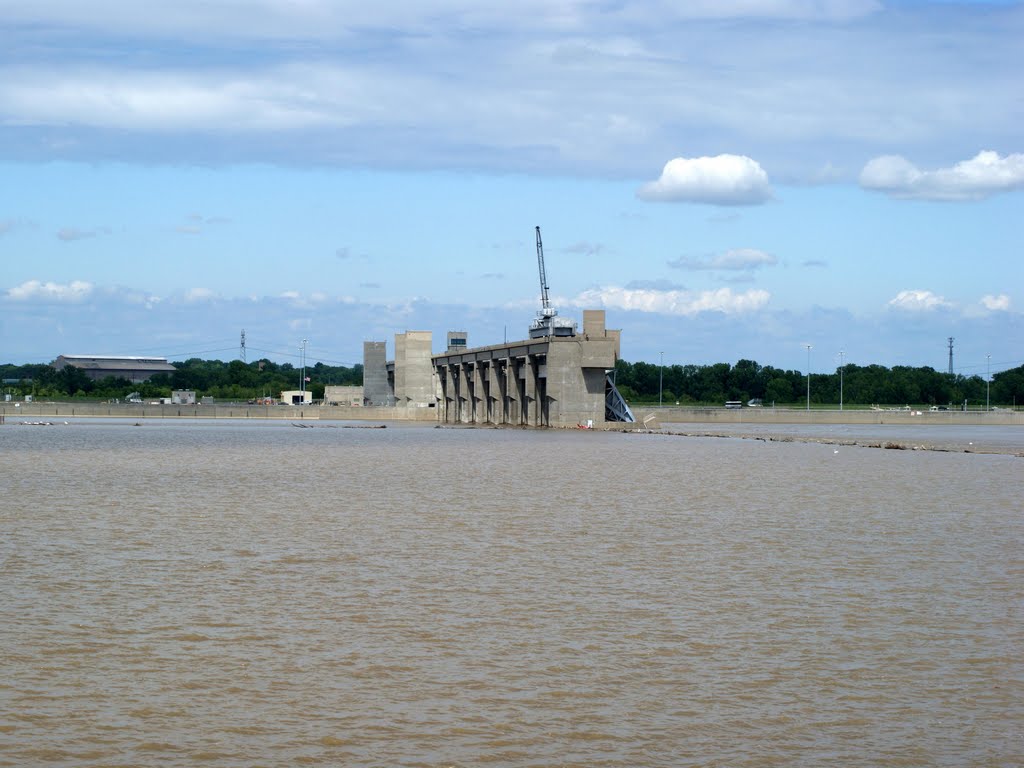 Melvin Price Locks And Dam. High Water From The Mighty Mississippi Push Through The Open Gates.  5/18/2010.
