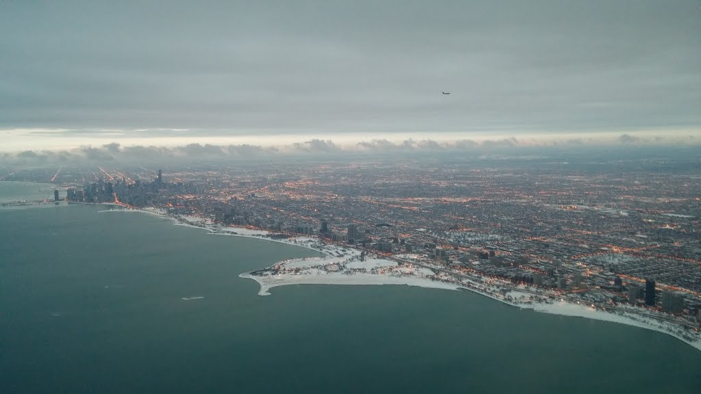 Winter View of Downtown Chicago and Lake Michigan Coast Line at Dusk