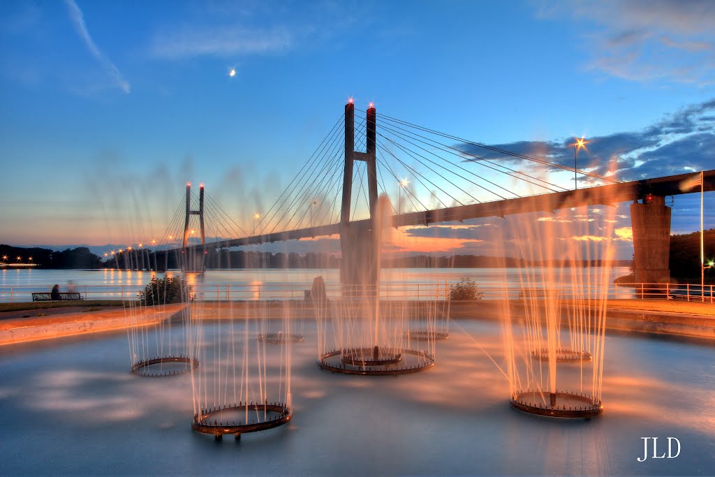 Fountain and Bay Bridge at Dusk