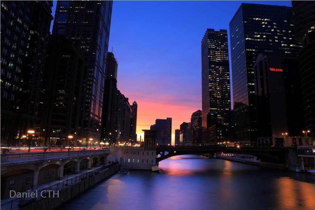 Sunset Skimming Chicago River - Illinois, USA