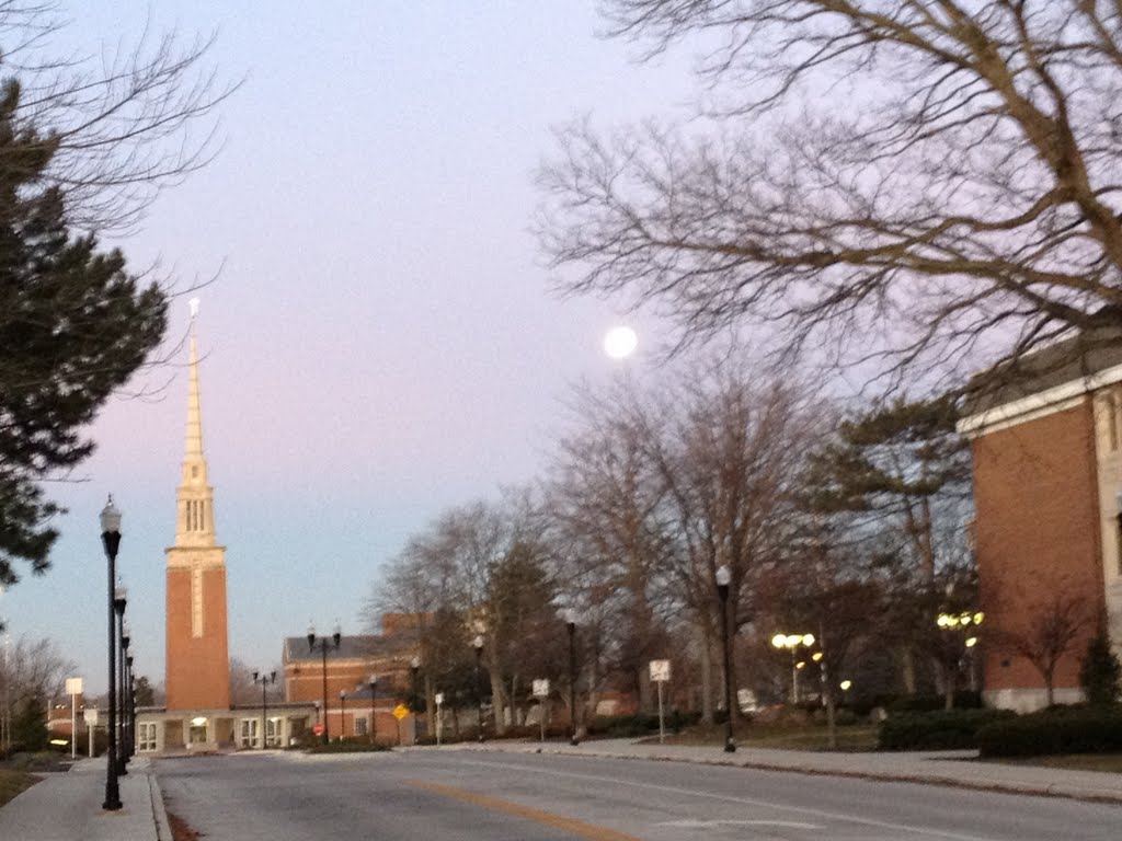 Moon set over Anderson University and Park Place Church of God of