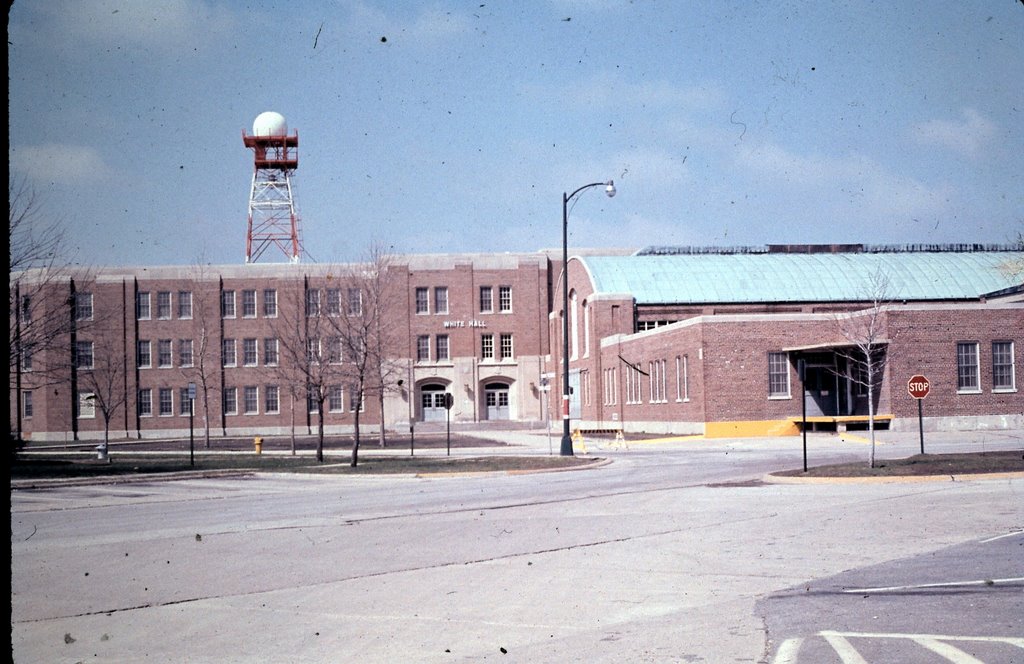 CHANUTE  AFB  1969,   WHITE HALL WITH CPS-9 WEATHER RADAR TOWER IN REAR   WEATHER OBSERVER SCHOOL  JAN , 1969