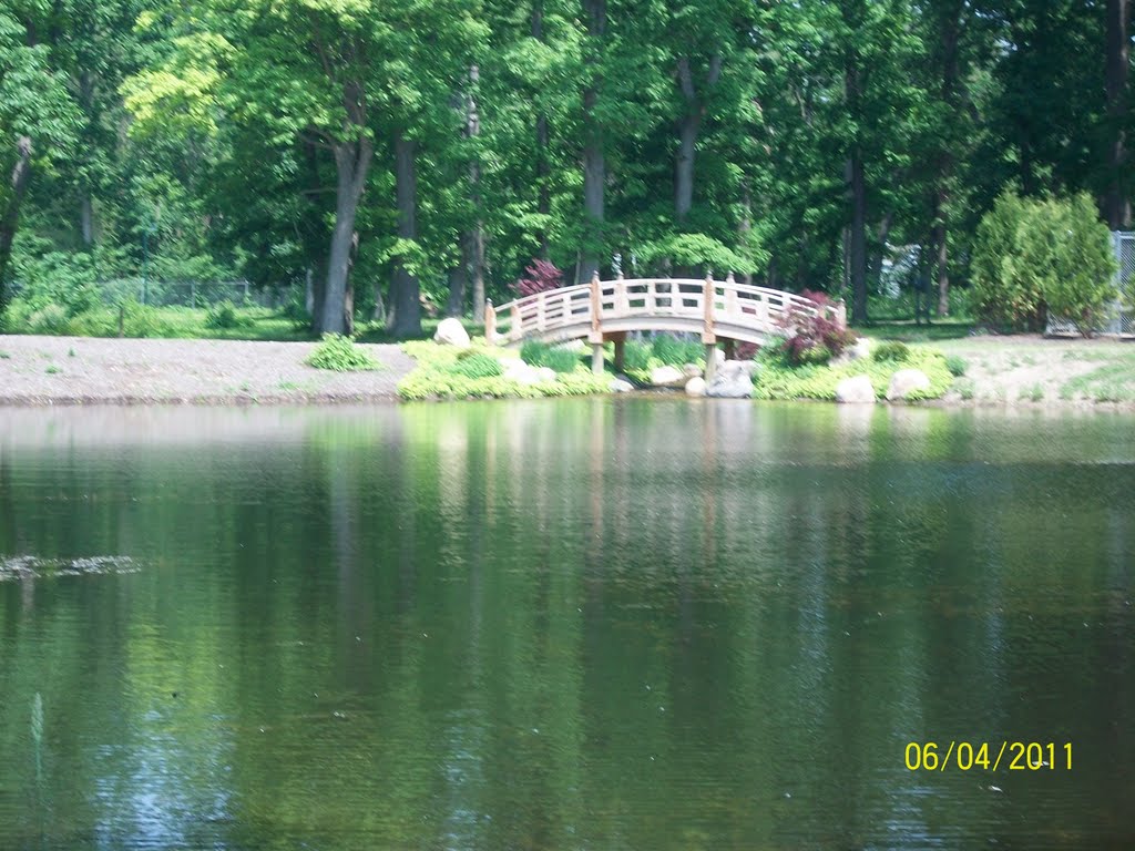 Swan Pond & Oriental Bridge in Wellfield Botanic Garden; Elkhart, IN