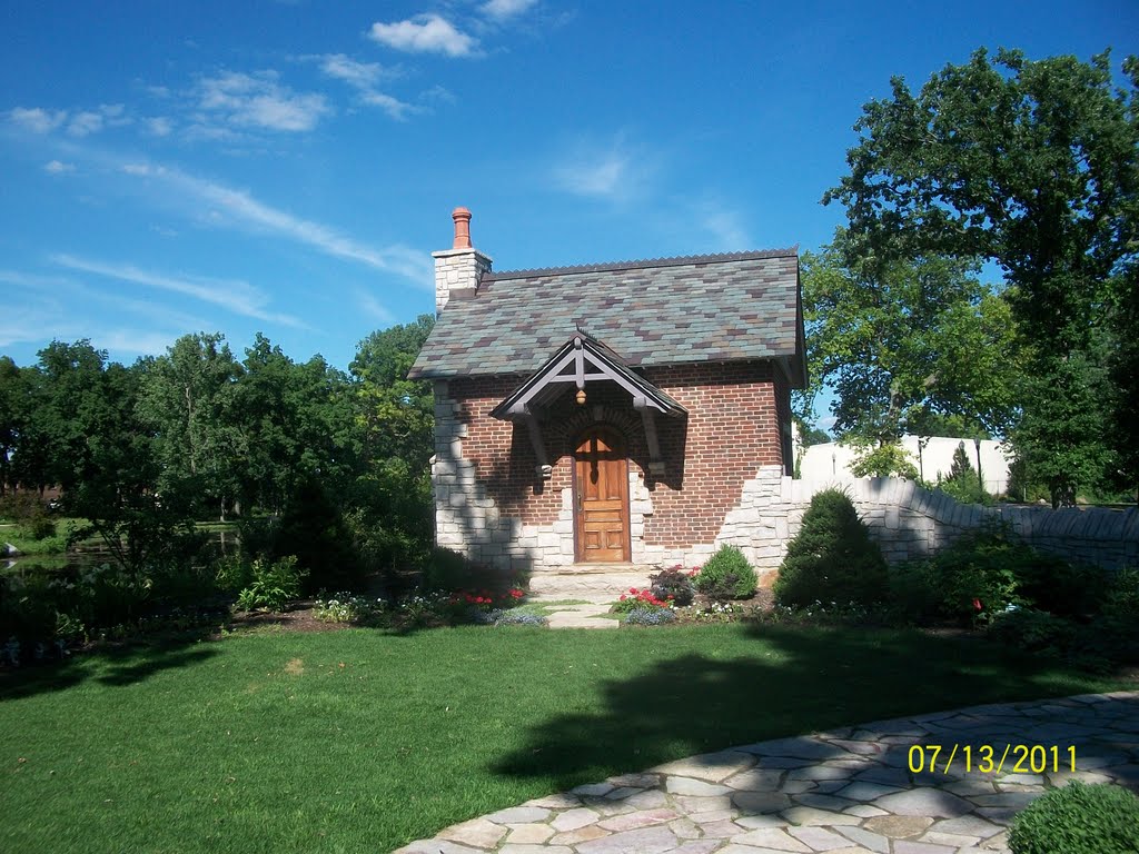 Pump house in English Cottage Garden, Wellfield Botanical Garden; Elkhart, IN