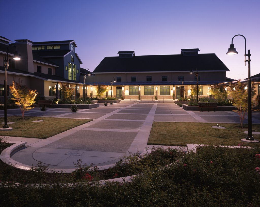 Robert Livermore Community Center courtyard at dusk