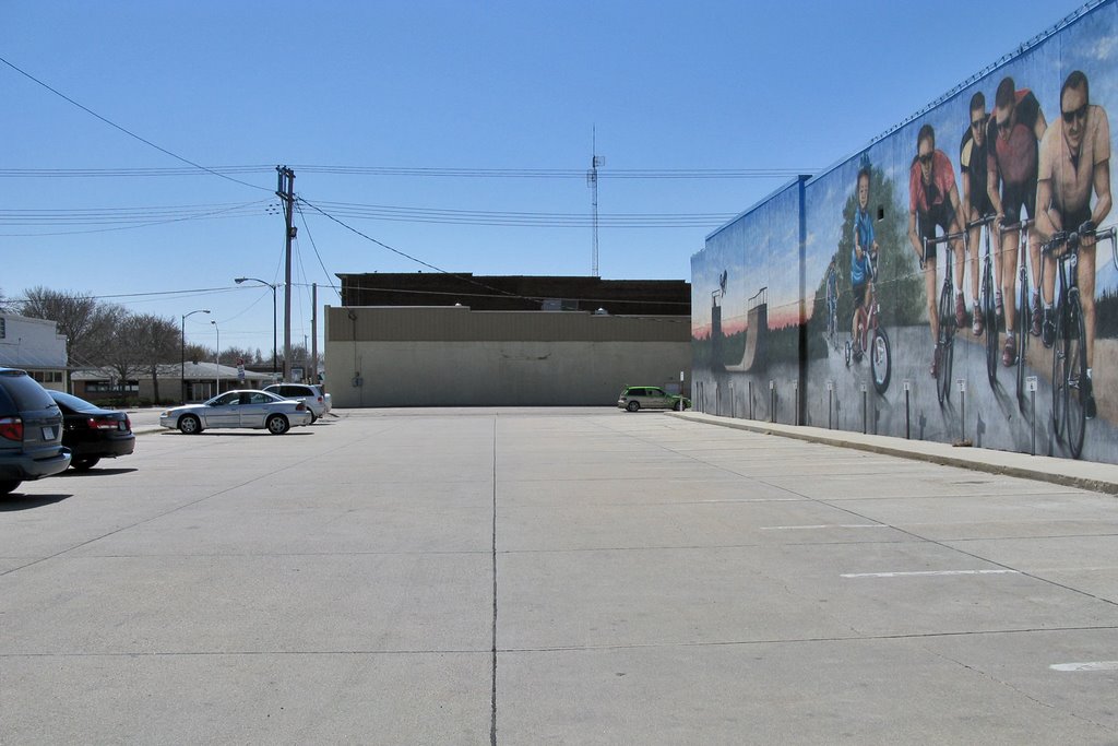 Parking lot with cyclists mural, West Norfolk Ave, Norfolk, Nebraska