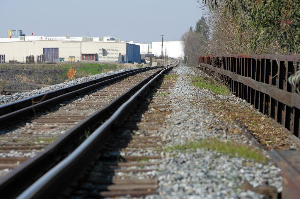 The San Joaquin Railroad Co tracks make their way our of Reedley over the Kings River. Smaller companies like San Joaquin Valley Railroad Co dont have nice and super-smooth continuous welded tracks that larger companies like BNSF and Union Pacific Railroa