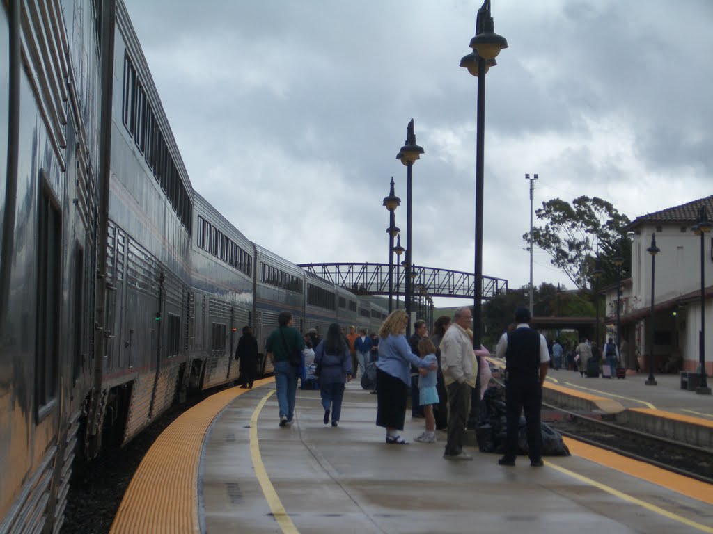 A scene of a platform of San Luis Obispo Amtrak station.