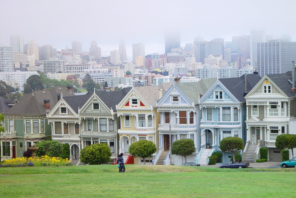 the six sisters with city skyline beyond, Alamo Square, SF (6-2008) 1